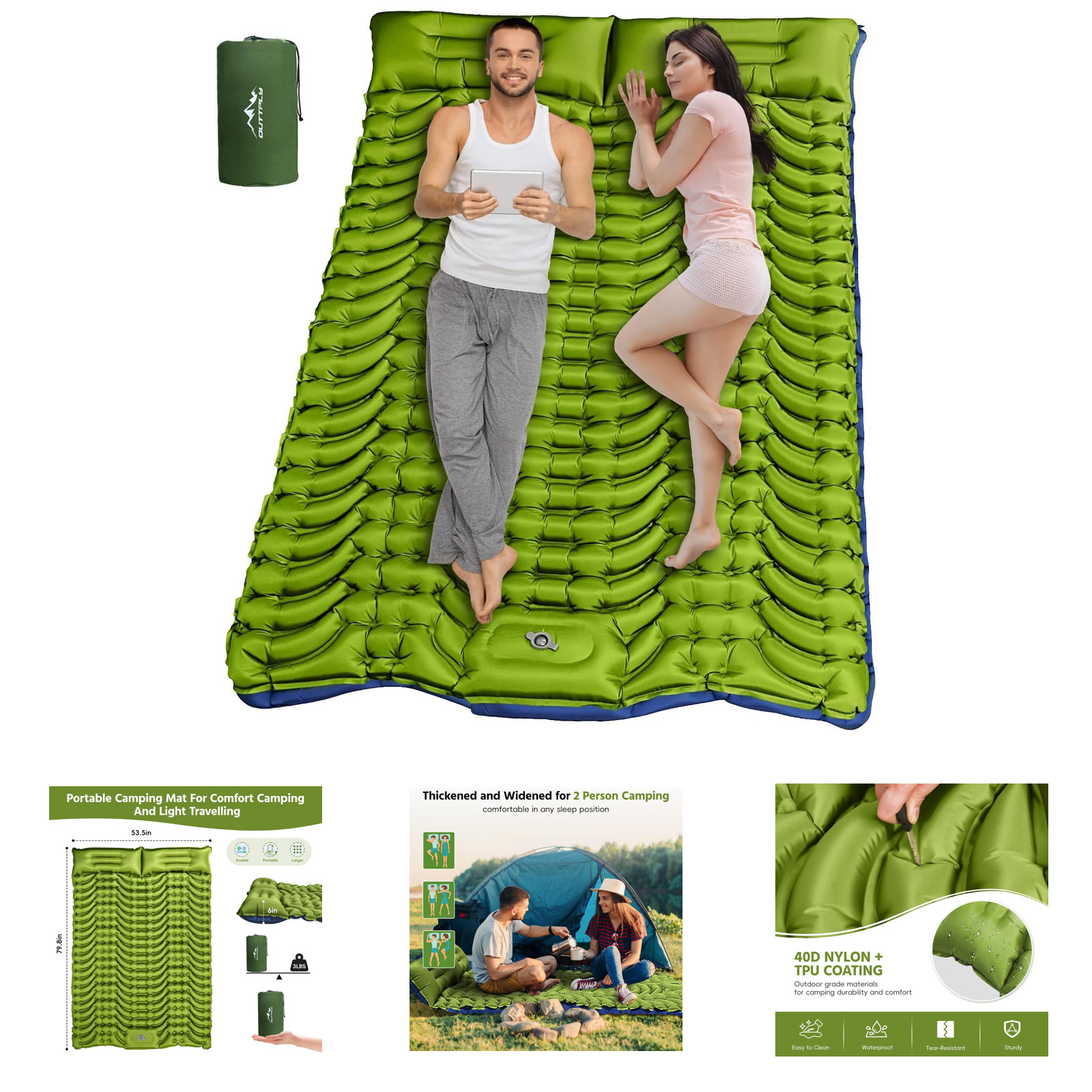 Self Inflating Double Sleeping Pad for Camping Ultralight 4 Inch Thick Mattress