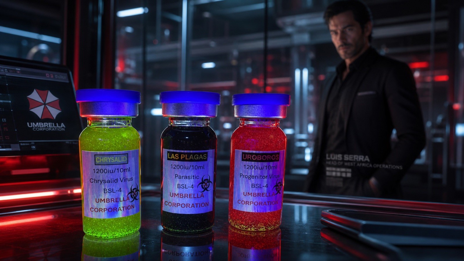 Umbrella Corporation 10ml Crimped Glass Prop vials C-Virus, Uroboros, Las Plagas