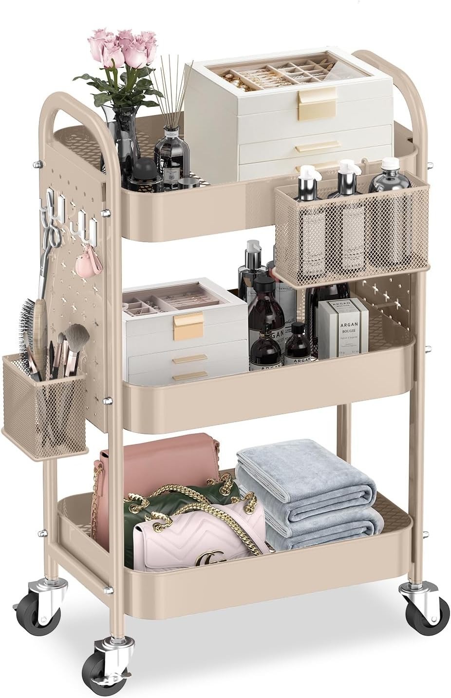 Multi-Purpose Rolling Cart with 3 Shelves, Pegboards, & Lockable Wheels in Khaki