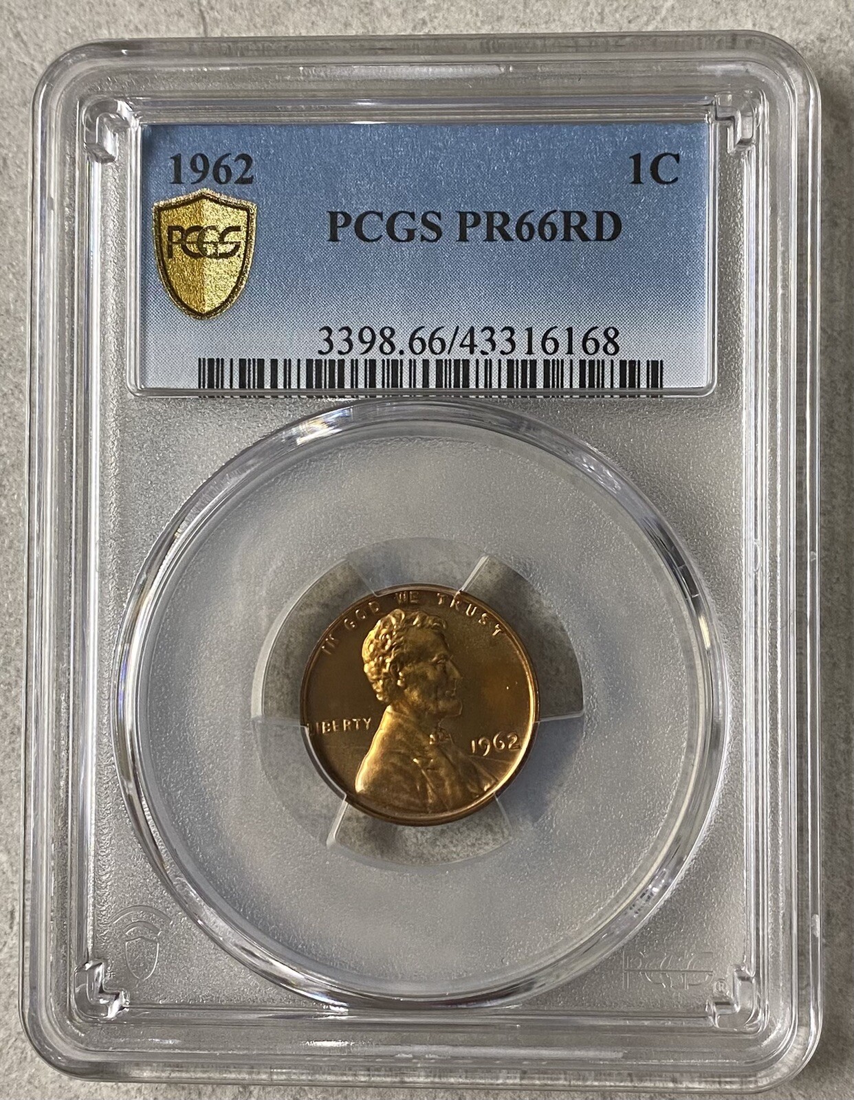 1962 1C Proof Lincoln Cent PCGS PR66RD, Gold Shield