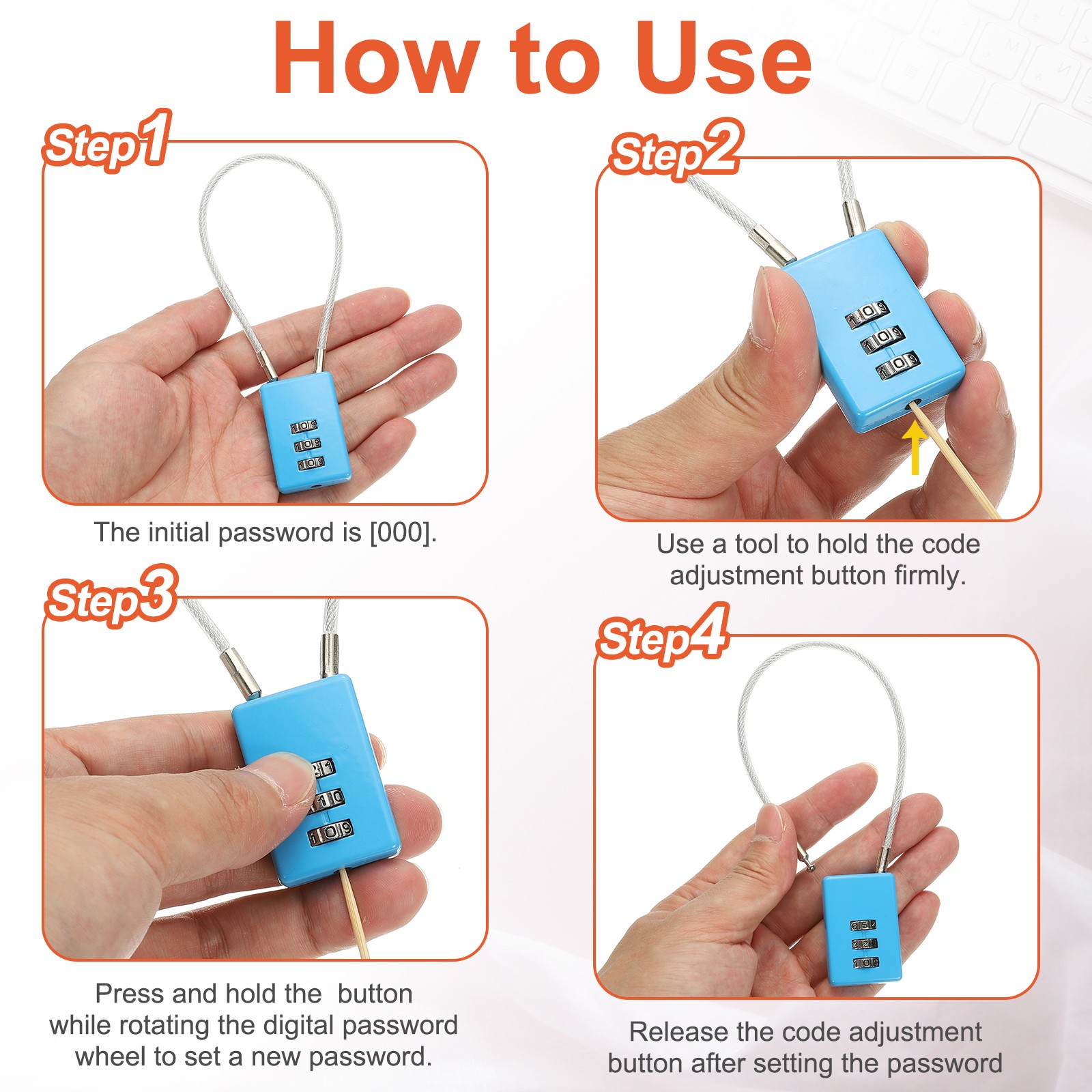 2 Pcs 3 Digit Cable Lock with Combination 7.9" Steel Rope Silver
