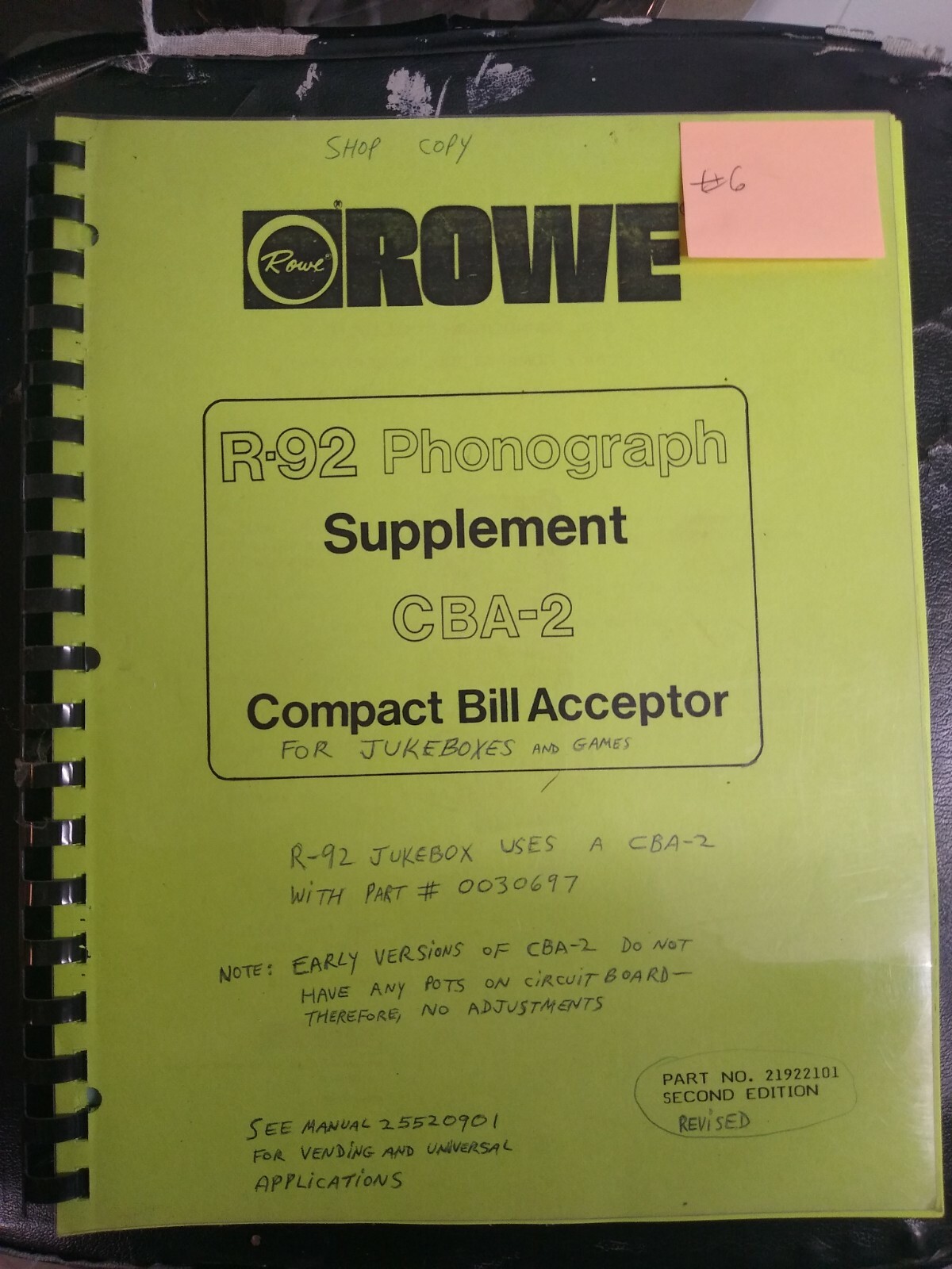 Rowe R-92 Phonograph CBA-2 Compact Bill Acceptor Supplement #6