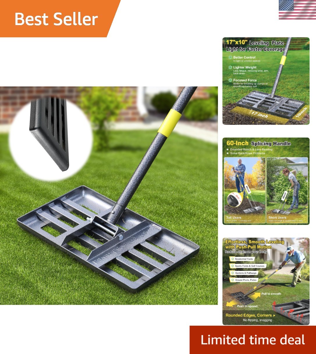 17" x 10"  Stainless Steel Lawn Leveling Rake with 60" Adjustable Handle