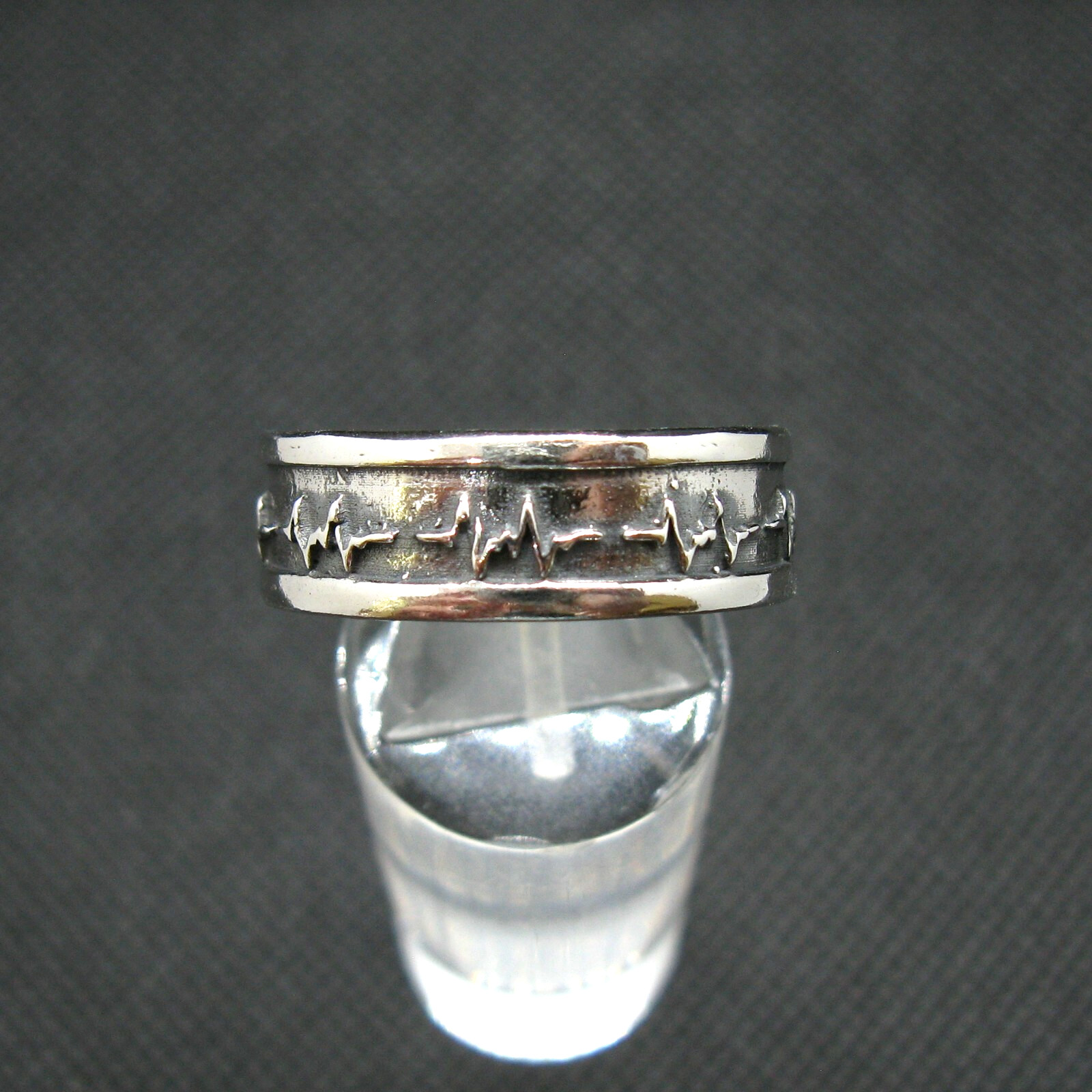 925 Silver Ring Band Handmade Cardiogram Pattern Width 8mm Size 46-75
