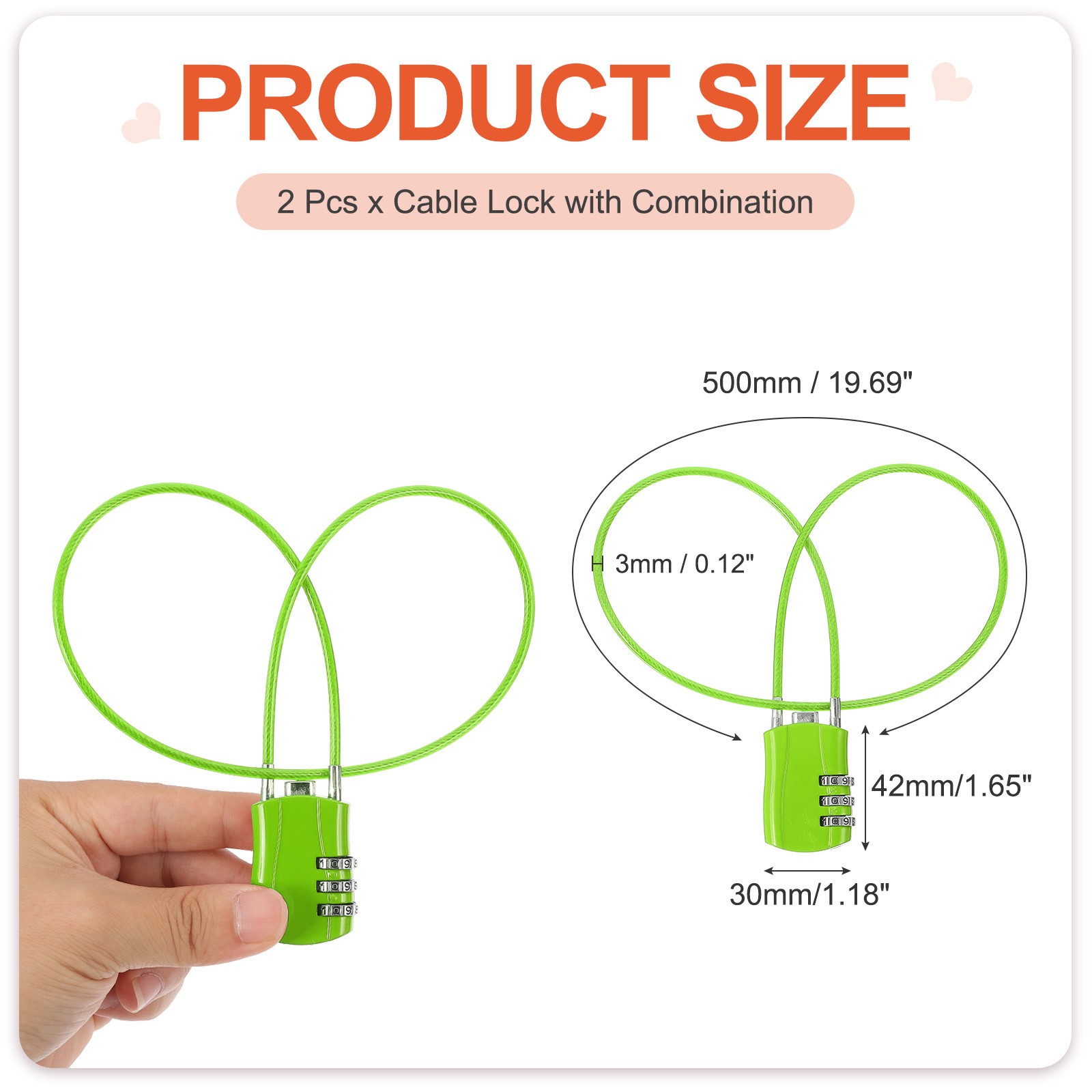 2 Pcs 3 Digit Luggage Cable Combination Lock with 20" Long Cable, Green