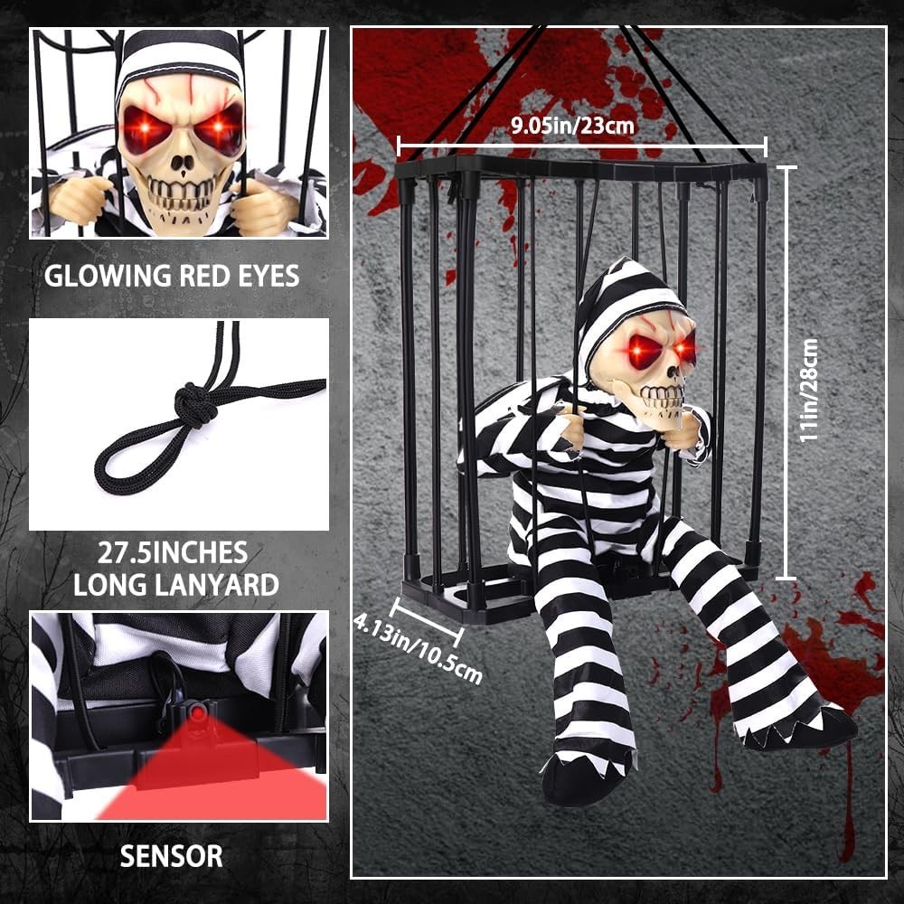 Animated Halloween Skull Ghost Hanging Prop Sound Touch Activated Skeleton