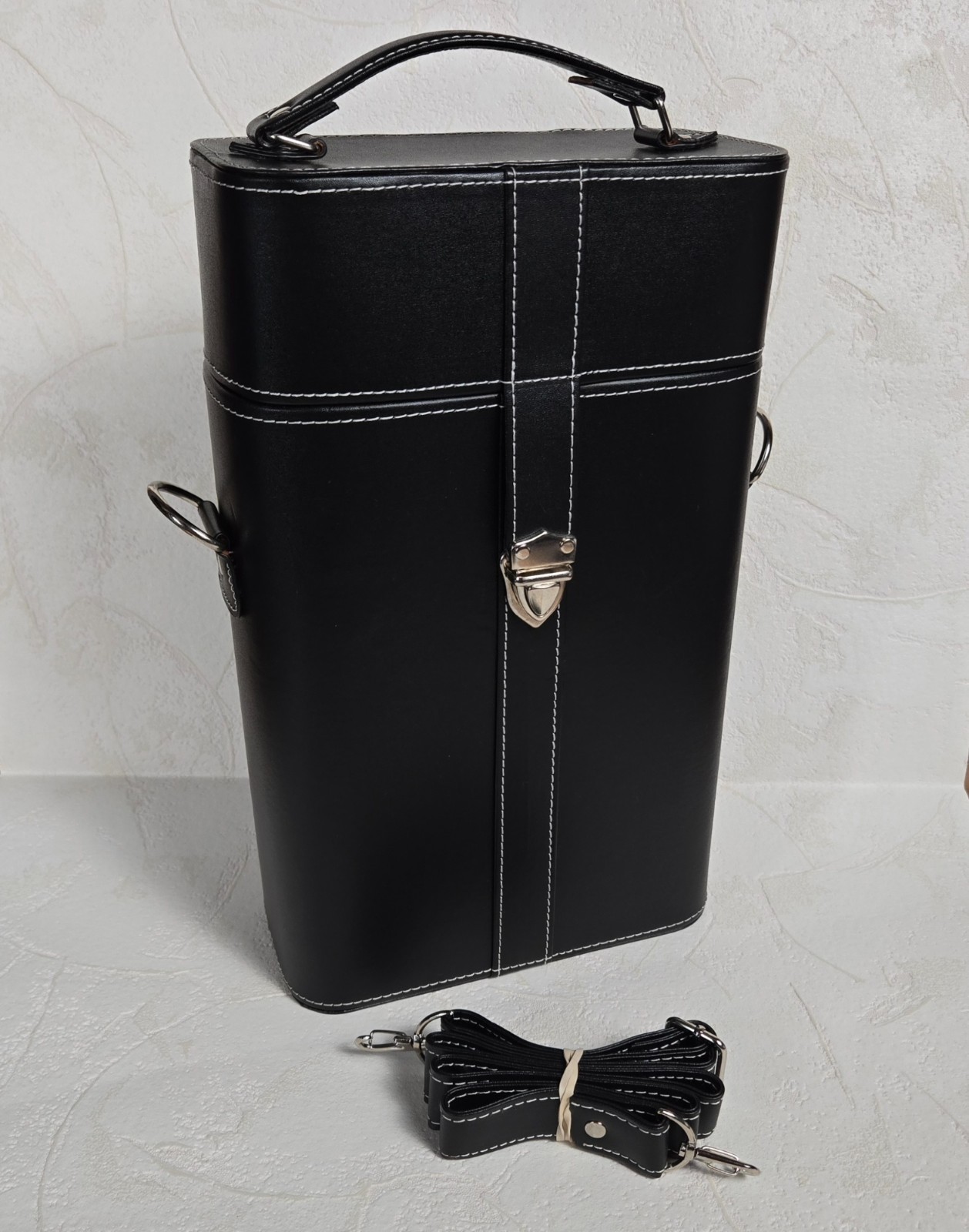 True Faux Leather 2 Bottle Wine Box Carrier Black w/ Strap