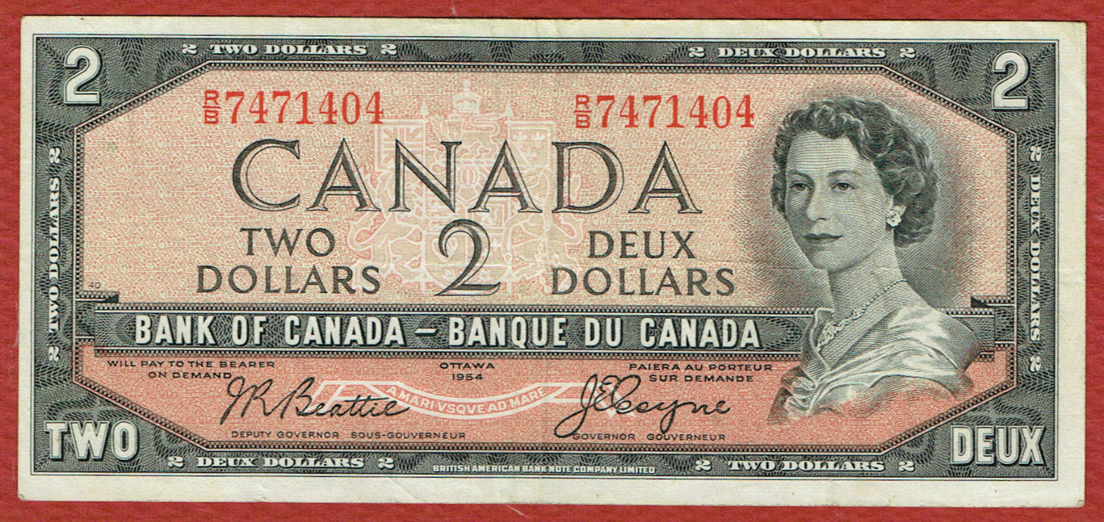 BANK OF CANADA 1961-72 $2 BEATTIE-COYNE (BC-38a) PREFIX J/B-Z/B AVE.  VF