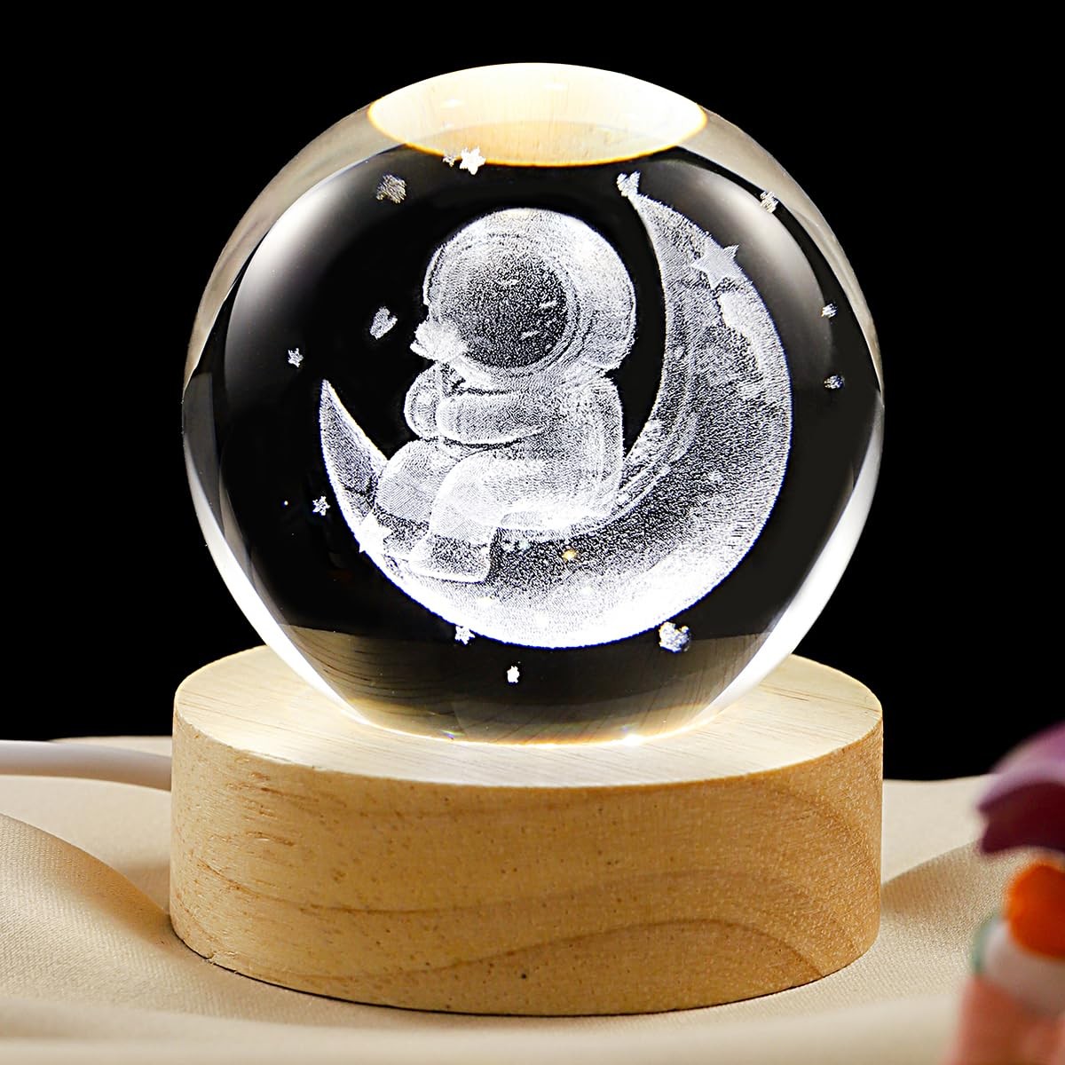 3D Moon Crystal Ball Lamp with Dimmable LED and Wooden Base, Night Light for ...