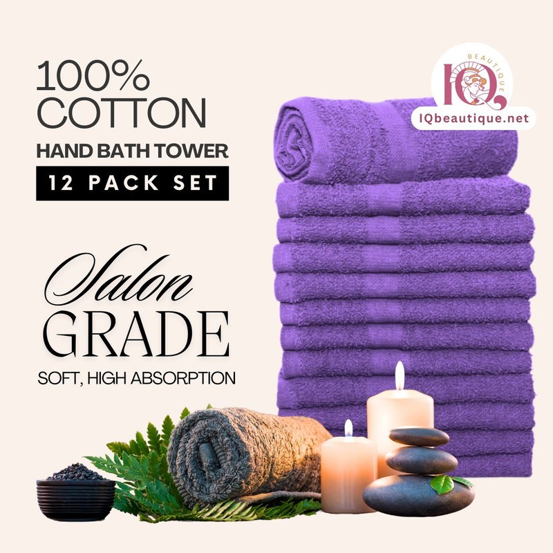 100% Cotton Hand Bath Towel - Salon, Hotel, Spa, Gym 12pcs Set PURPLE