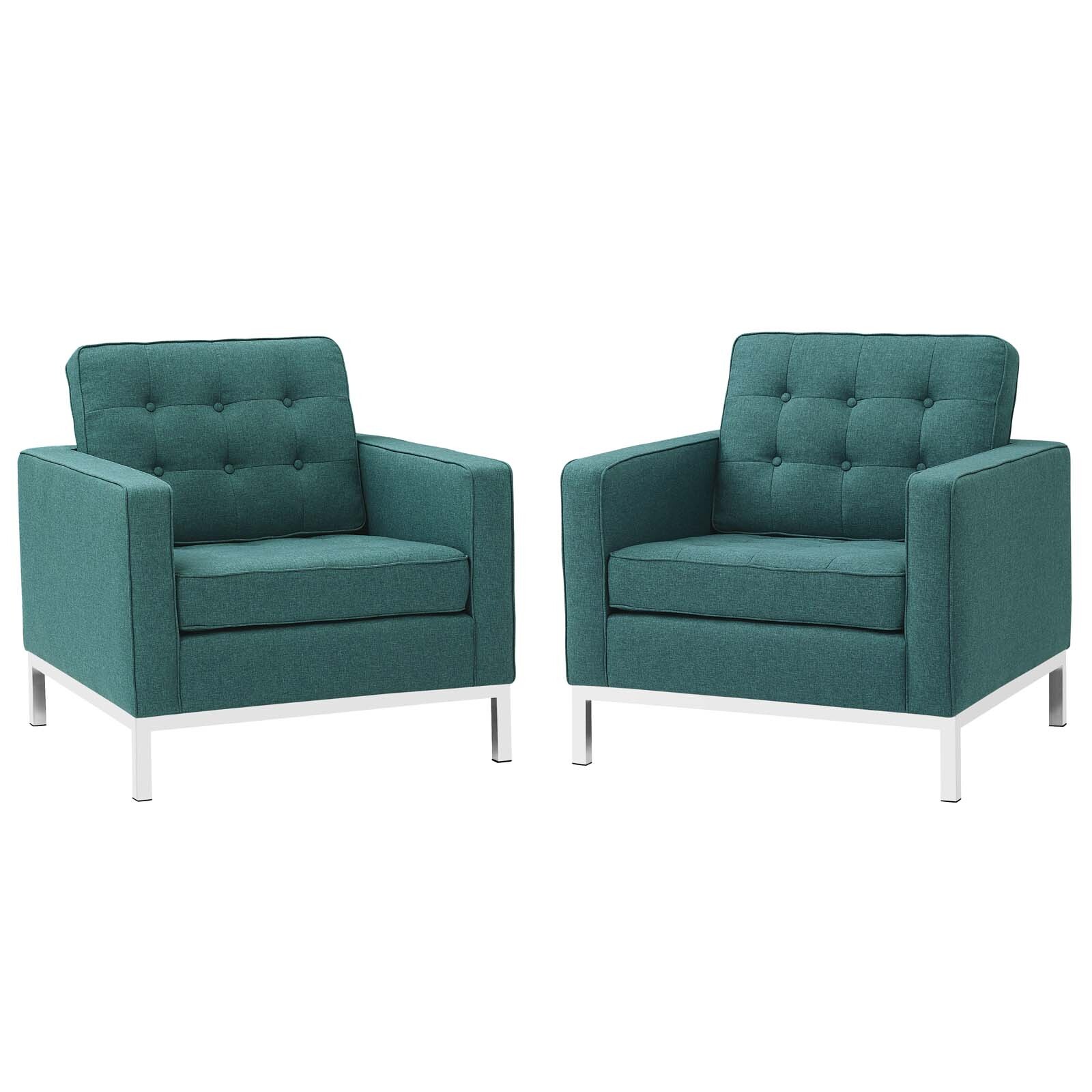 Modway Mid-Century Modern Tufted Fabric Upholstered Armchairs in Teal - Set of 2