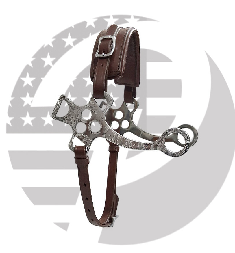 Hackamore Bitless Horse Bit English Western Adjustable Brown Leather Engraving