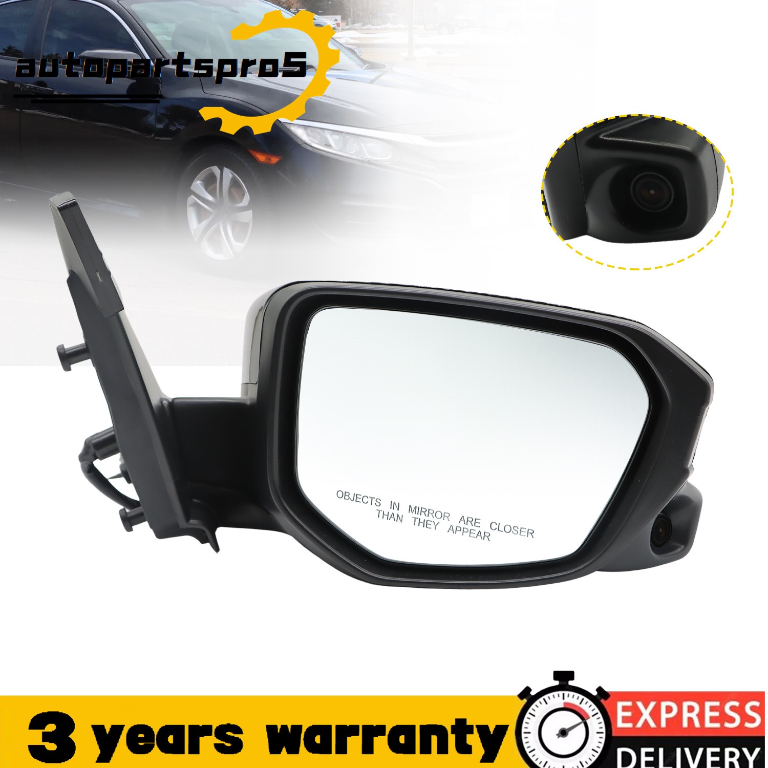 Right Side Mirror Power Fold Heated Camera US Models For 16-21 Honda Civic Sedan