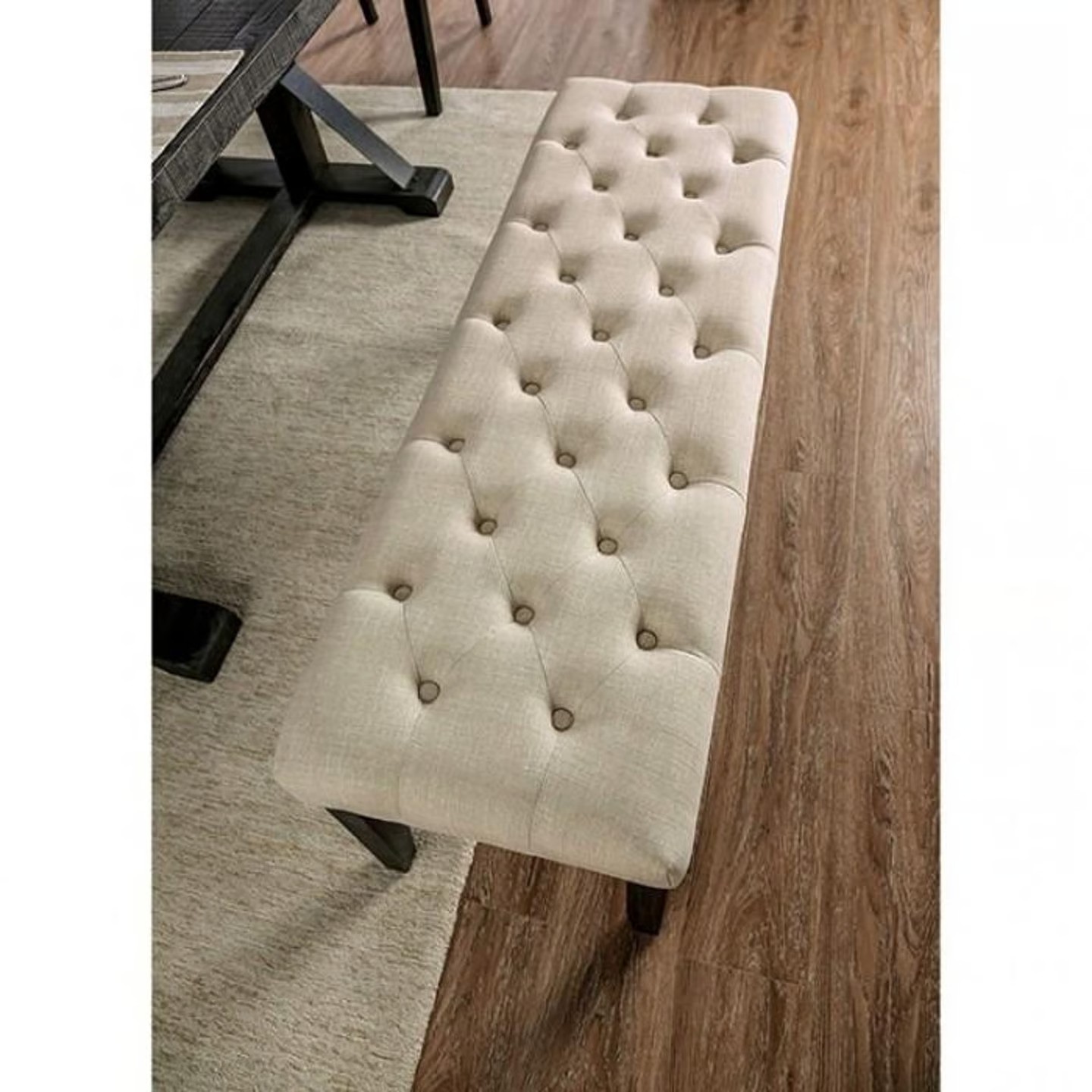 Classic Ivory 1PC BENCH Button Tufted Linen Like Fabric Solid wood Chair Uphol