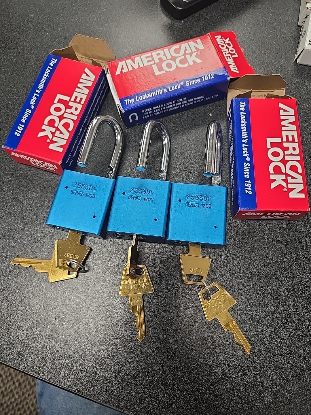 American Lock A1205ablu  Padlock, Keyed The Same Anodized Aluminum, Lot Of 3