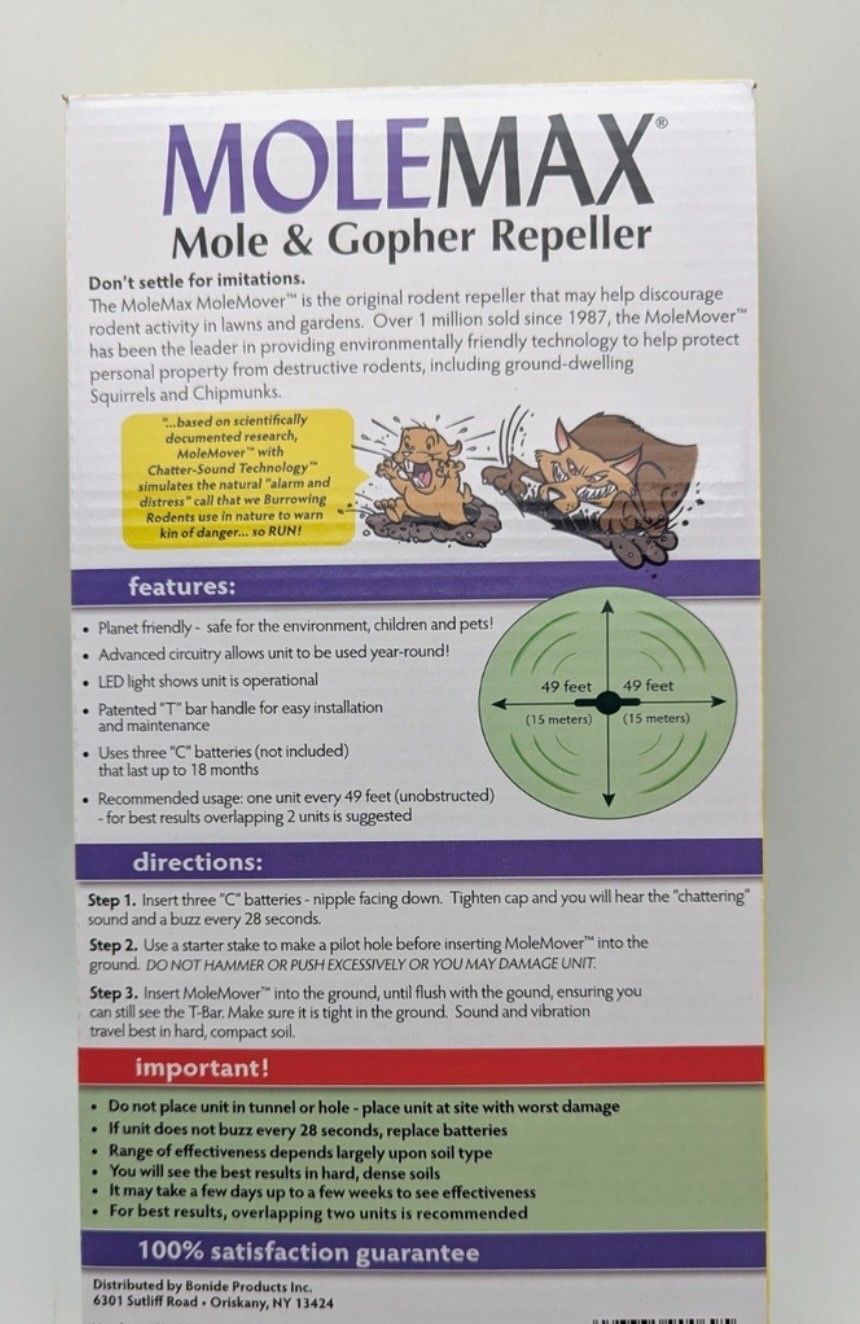 2 Bonide MoleMax Mole & Gopher Repeller Sonic Spike Battery Operated 7500sqft EA