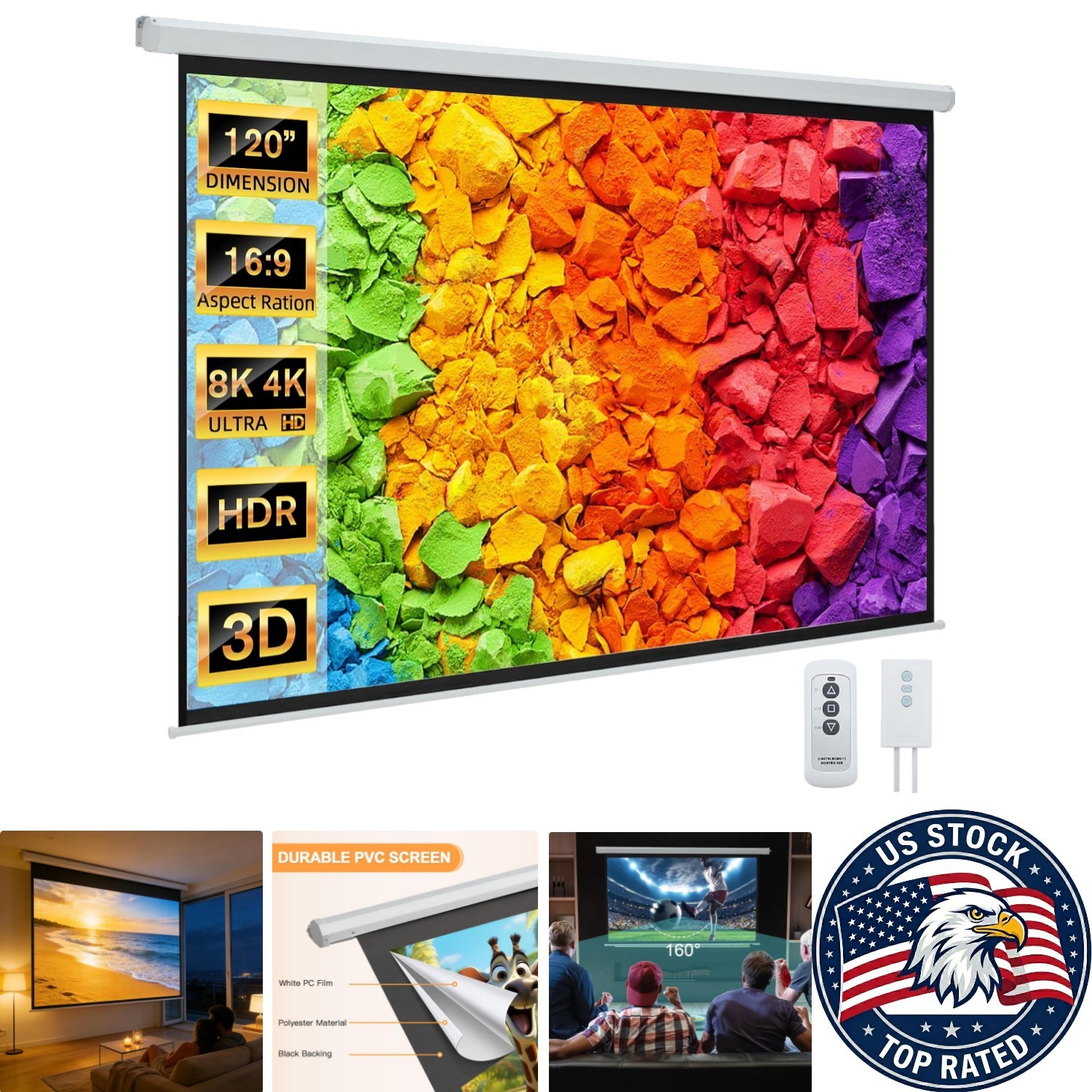 Luxury 120" Motorized Projector Screen - 4K HD & 3D Retraction for Home & Office