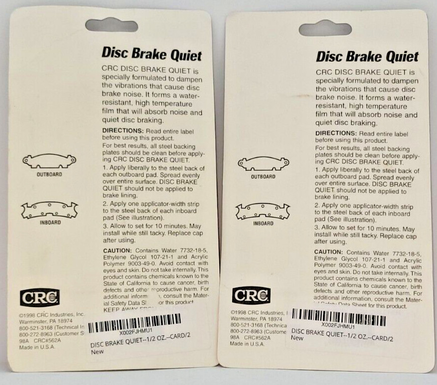 CRC Disc Brake Quiet 05115 2 pack LOT of 2; 4 Tubes Total