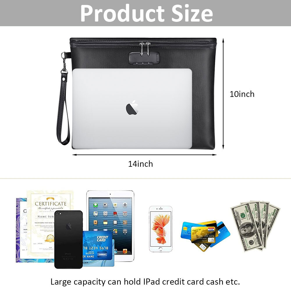 Fireproof Document Bag Waterproof Safe Storage Pouch with Zipper&Lock Organizer