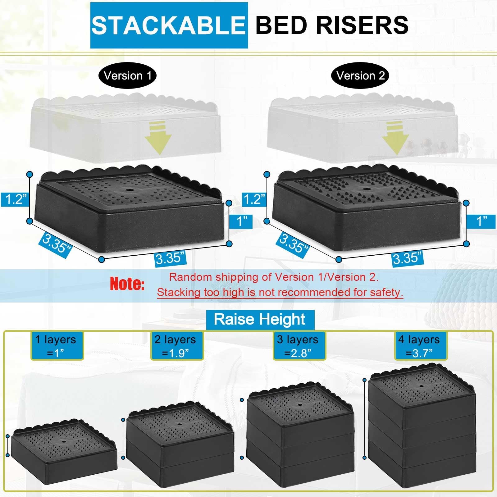 Adjustable Bed Risers Heavy Duty 1-4 Inch Stackable Furniture Riser Blocks