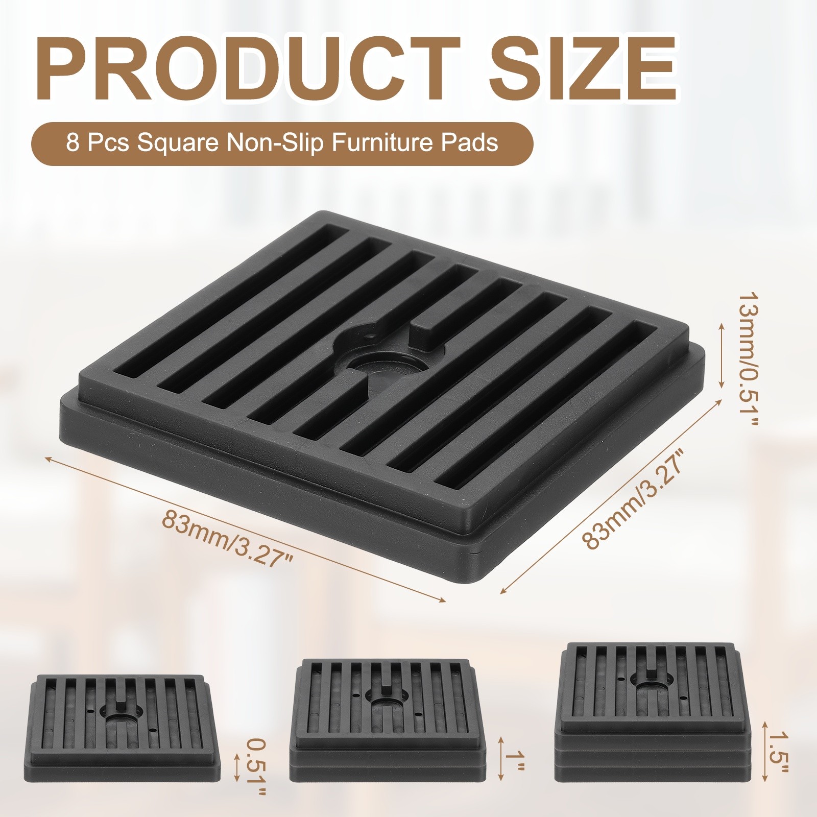 8Pcs Bed Riser, Square Heavy Duty Stackable Lift Block to 0.5 Inch, Black