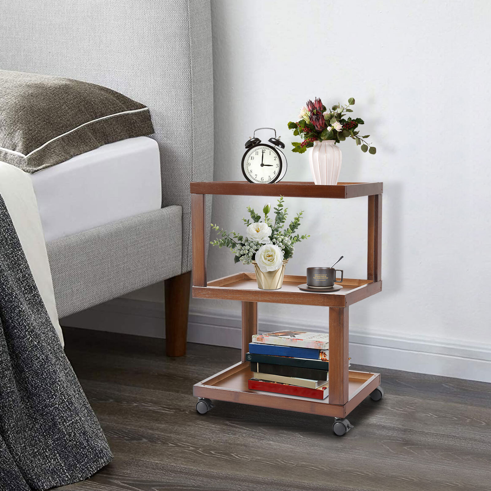 End Table 3-Tier Wood Nightstand End Table for Small Spaces with Open Storage