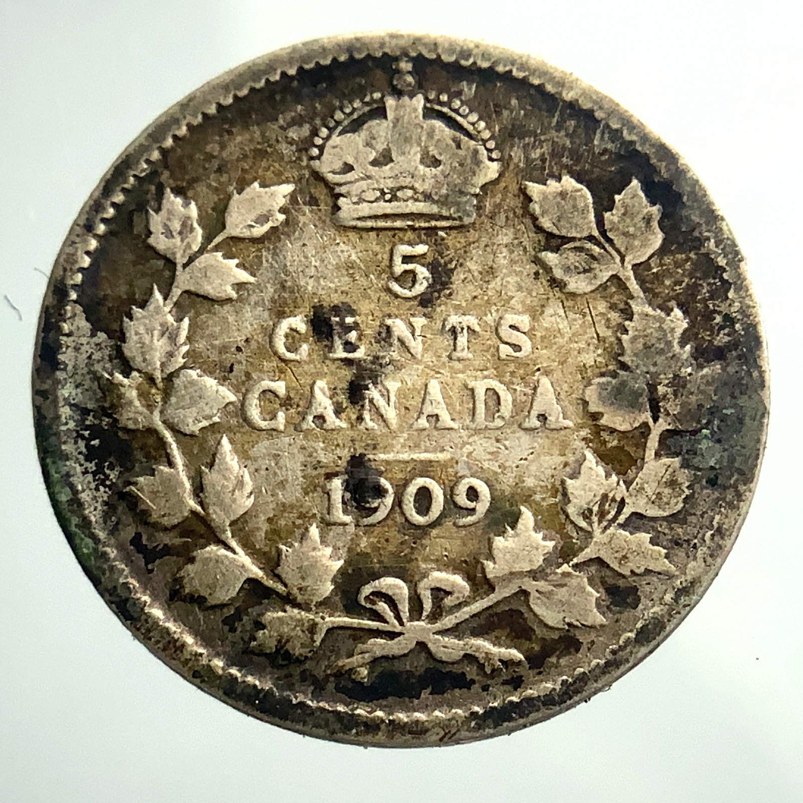 1909 Pointed Leaves Canada 5 Cents Small Silver KM# 13 Circulated Coin KK063