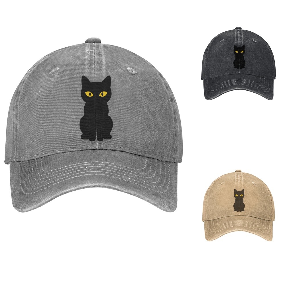 Black Cat Graphic Baseball Cap, Washed Cotton Dad Hat, Adjustable Fit
