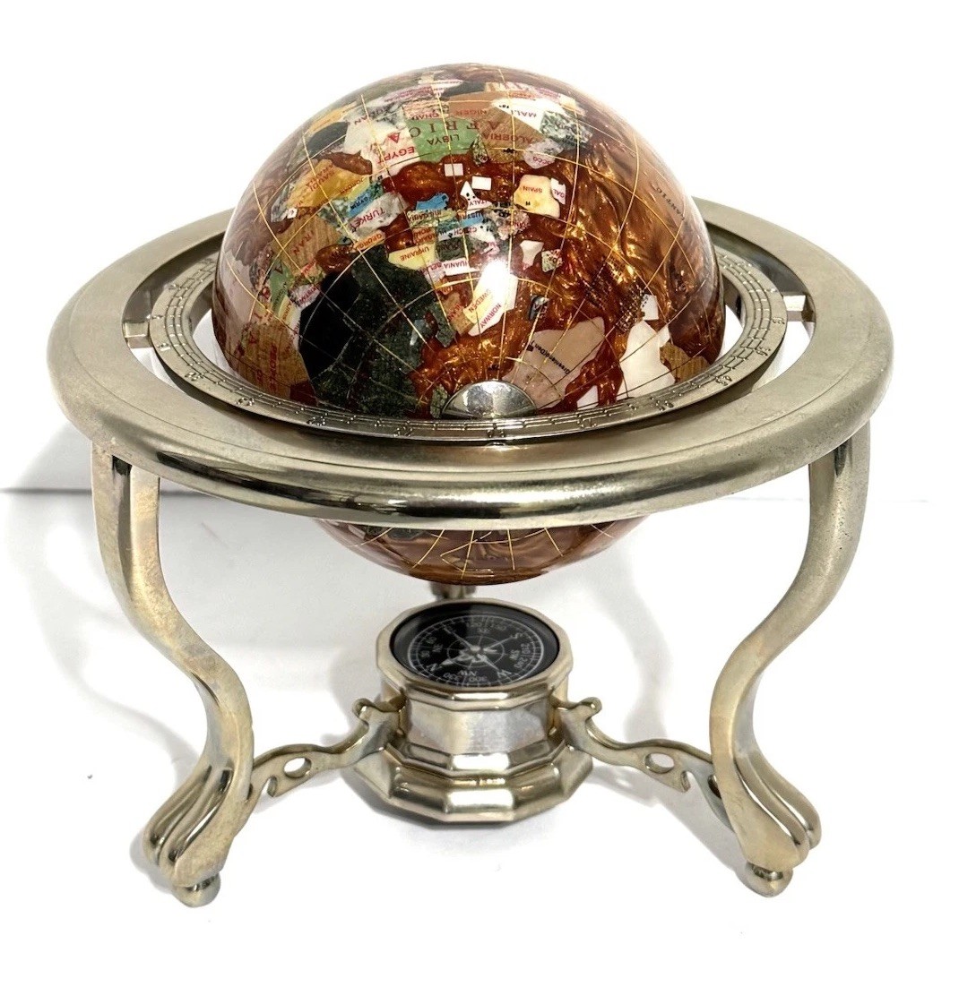Vtg Kalifano Rotating Copper Amber Opalite Gemstone Globe Silver Stand