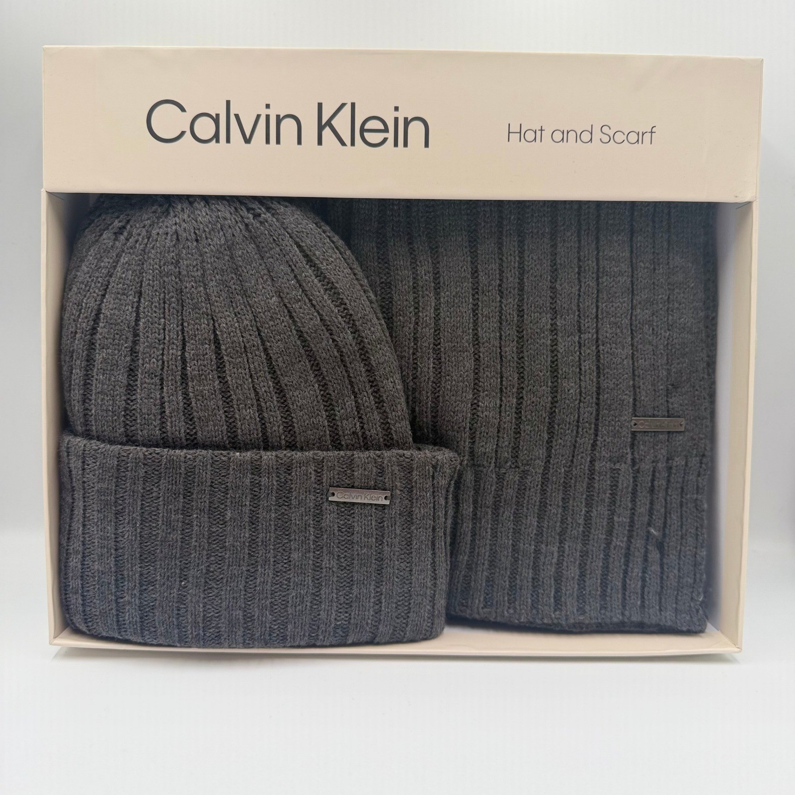 Calvin Klein Mens Charcoal Grey Ribbed Knit Hat and Scarf Gift Set NEW SEALED
