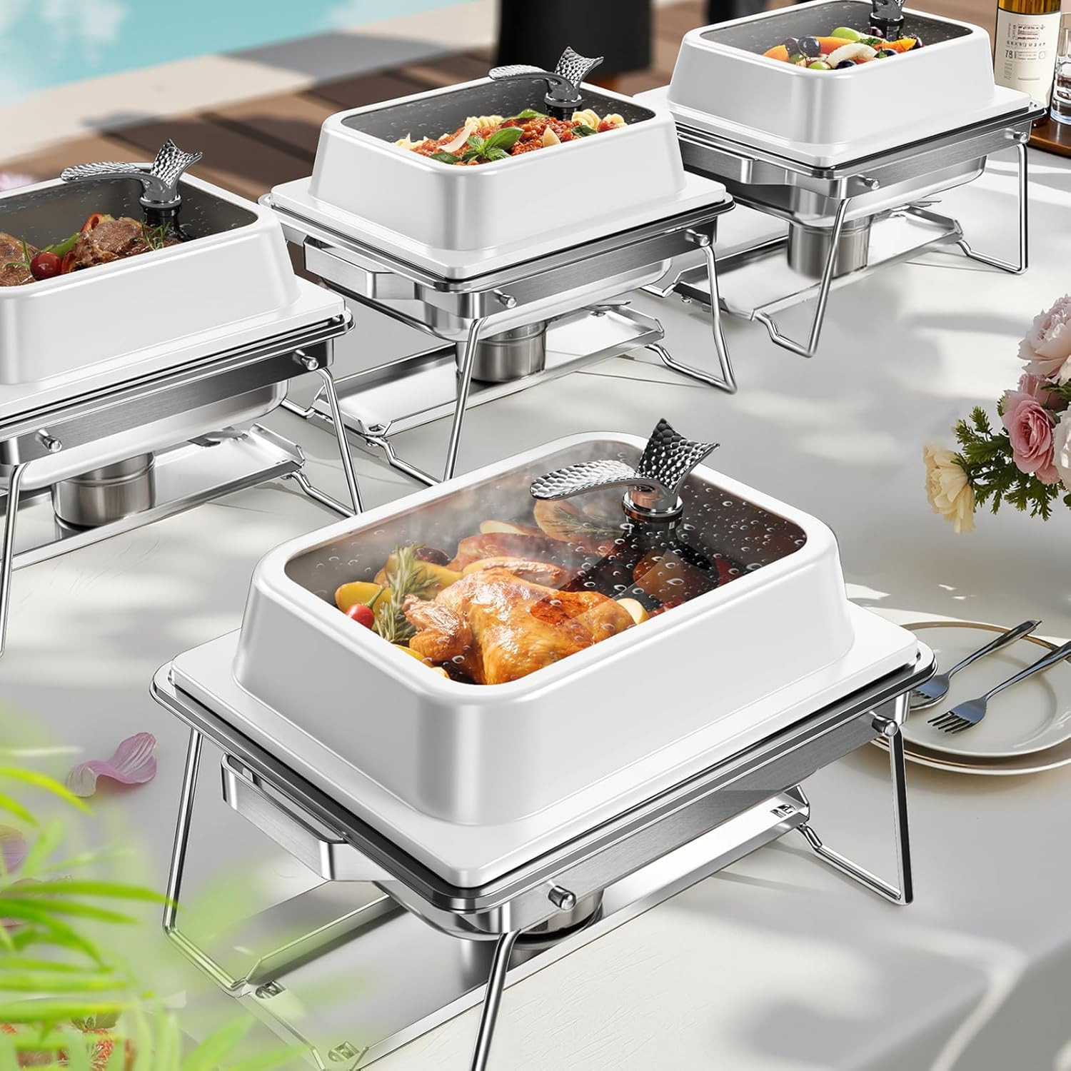 Chafing Dishes for Buffet, 4 Pack 5QT Square Stainless Steel Chafing Dish Set, C