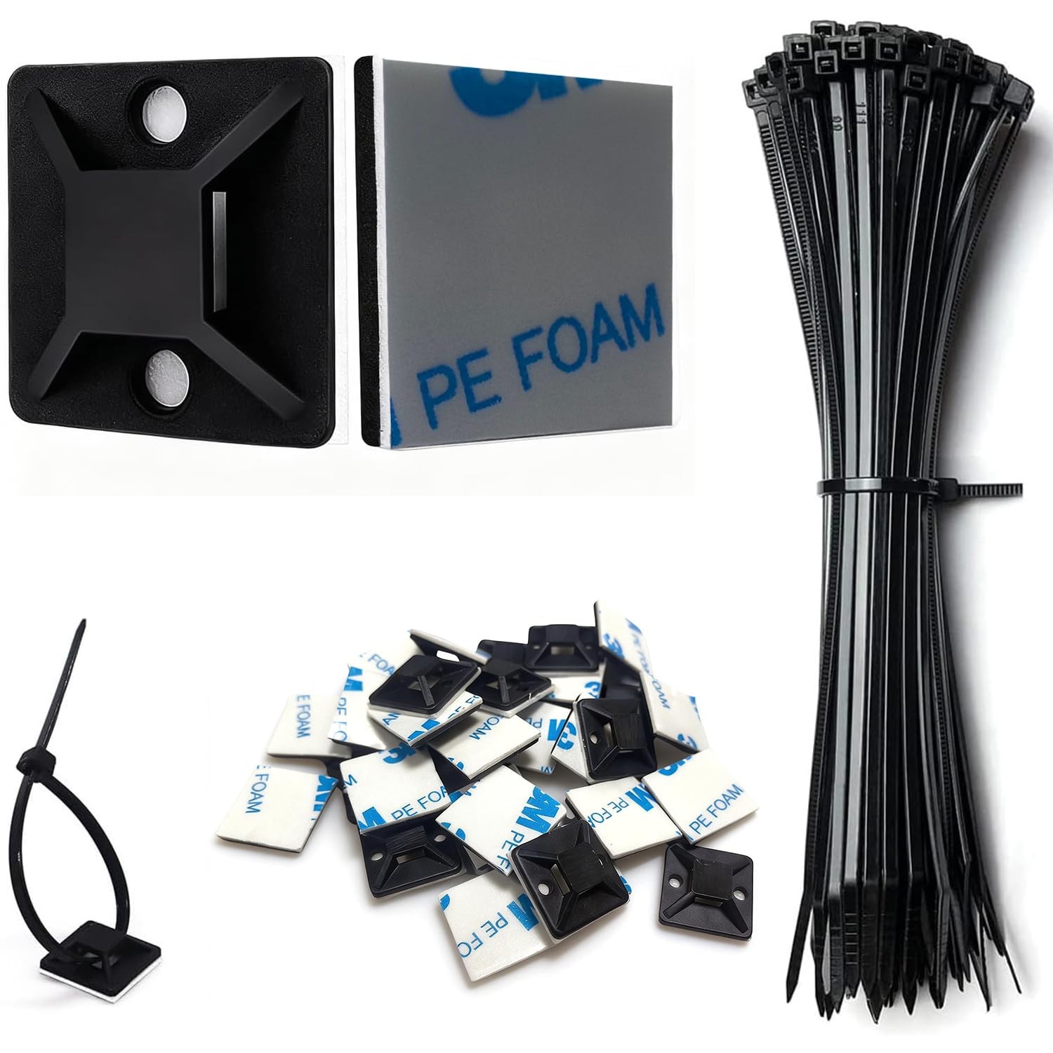 Strong Back-Glue Self Adhesive Cable Zip Tie Mounts Kit - 100 Set Cable Manageme