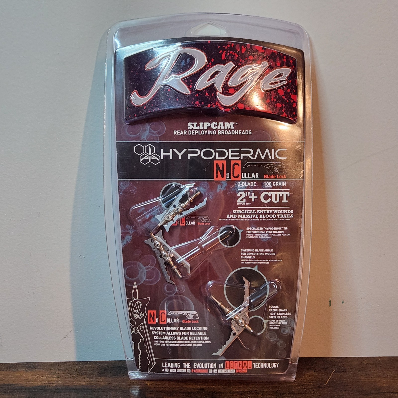 Rage Hypodermic No‑Collar Slipcam Broadheads 2‑Blade 100 Grain 2''+ Cut