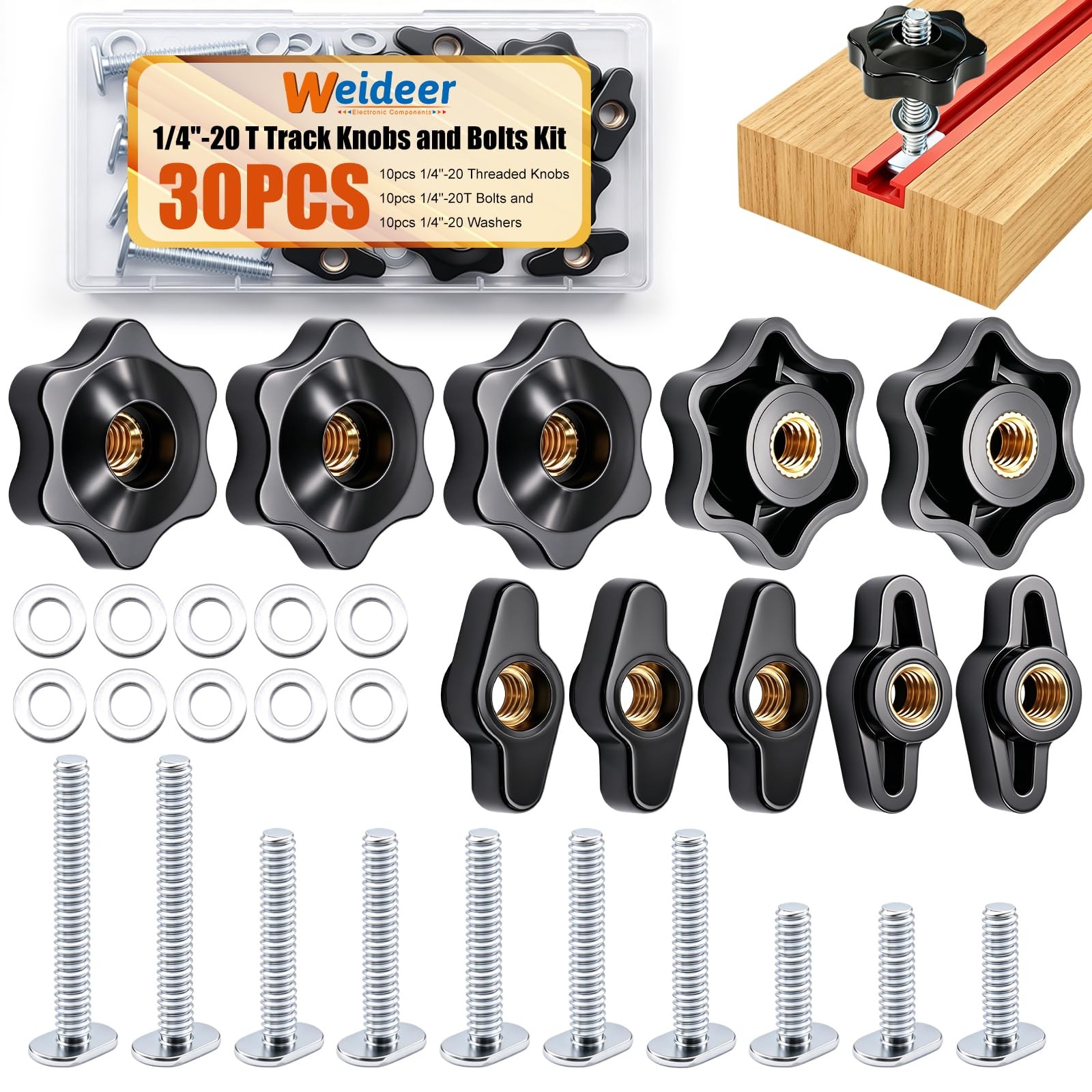 30PCS 1/4"-20 T Track Bolts and Knobs Kit,T Track Accessories,1/4"-20 Threade...
