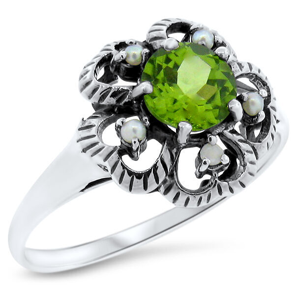 GENUINE PERIDOT & PEARL HEARTS VICTORIAN STYLE 925 STERLING SILVER RING     #380