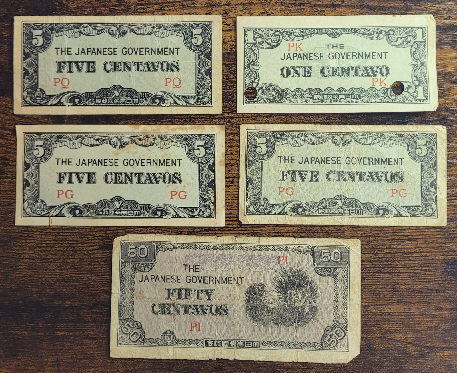Lot of 5  WWII Era Japanese Government Occupation Centavos Banknotes 1 5 50