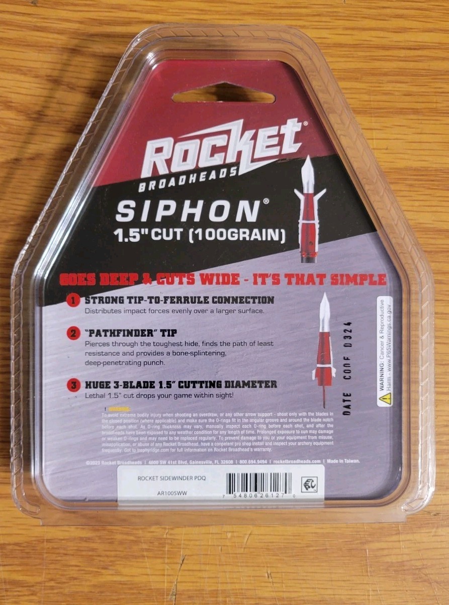 Rocket Broadheads Siphon 100 Grain 1.5" Cut Archery Broadhead 3 Pack Model New