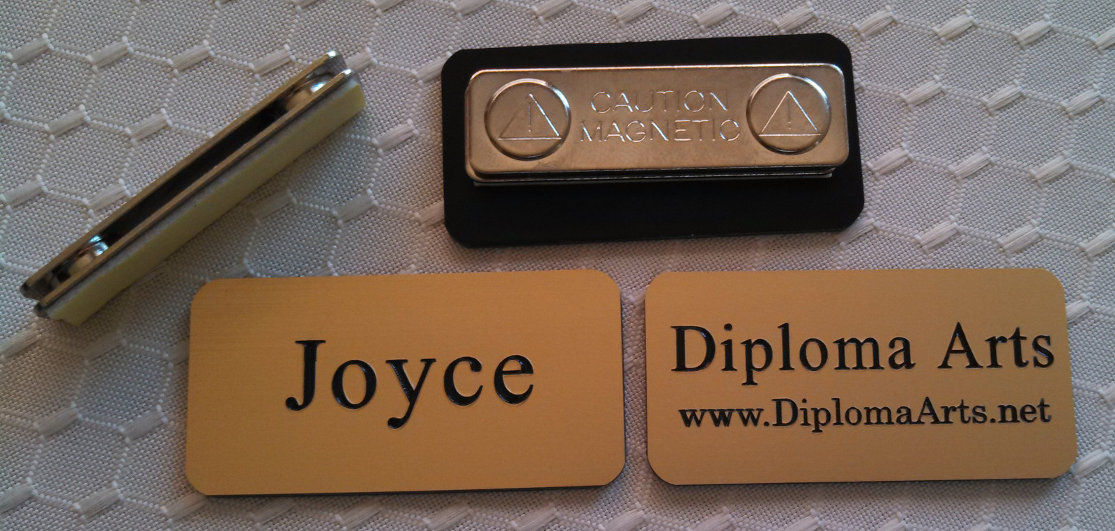 Custom Name Tags 2"x1" Gold -Black letters Corners Rounded w/ magnet attachment