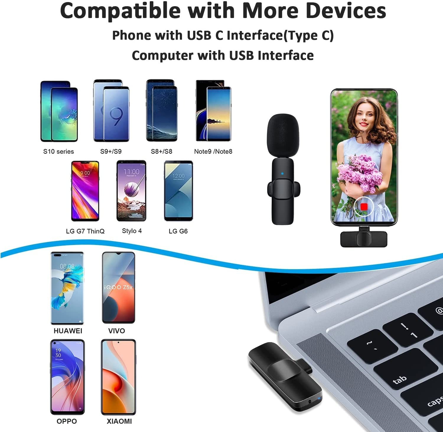 Wireless Lavalier Lapel Microphone for iPhone Android Phone Laptop - Bluetoot...
