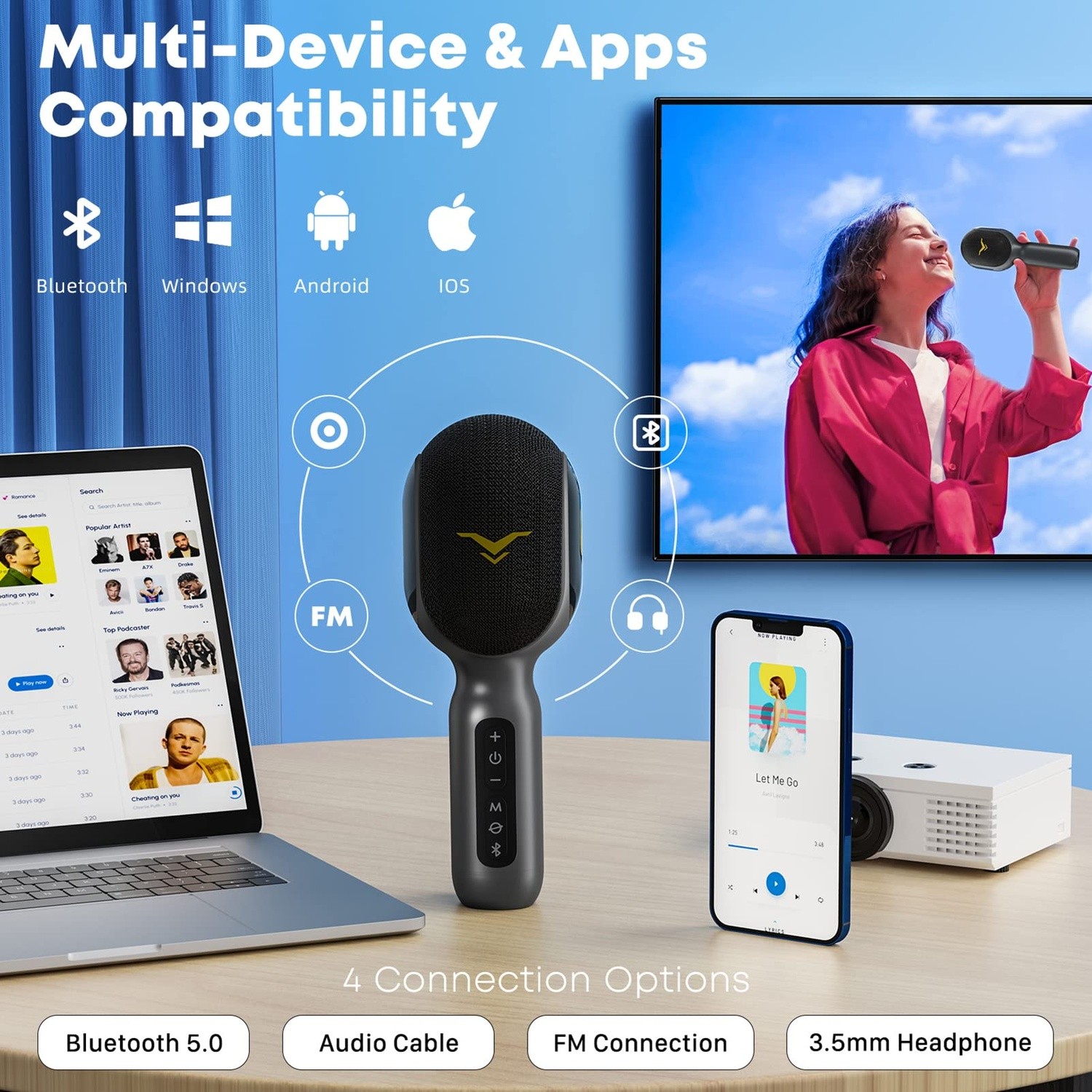 Micrófono inalámbrico Bluetooth para karaoke, altavoz portátil 5 en 1, luces RGB