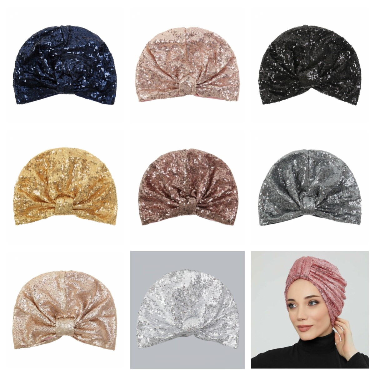 Women Trendy Sequin Beanie Hat Stretch Turban Cap Headwear Hair Wrap Headwrap