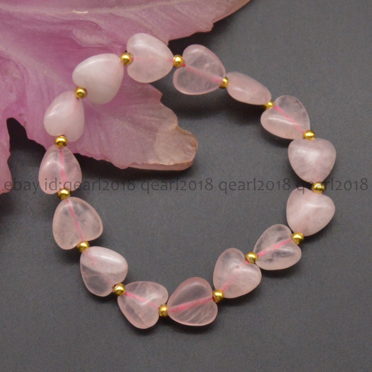Natural Pink Rose Quartz 12mm Heart Shaped Gemstone Beads Elastic Bracelet 7.5''