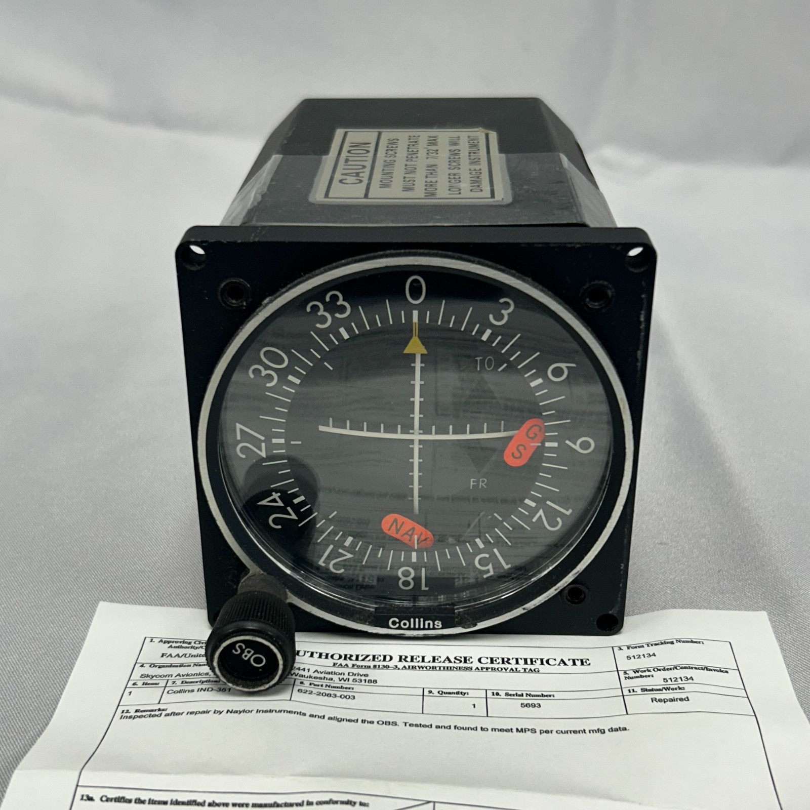 Collins Indicator IND-351 - P/N: 622-2083-003 w/ GS & 8130 VOR, LOC Indicator
