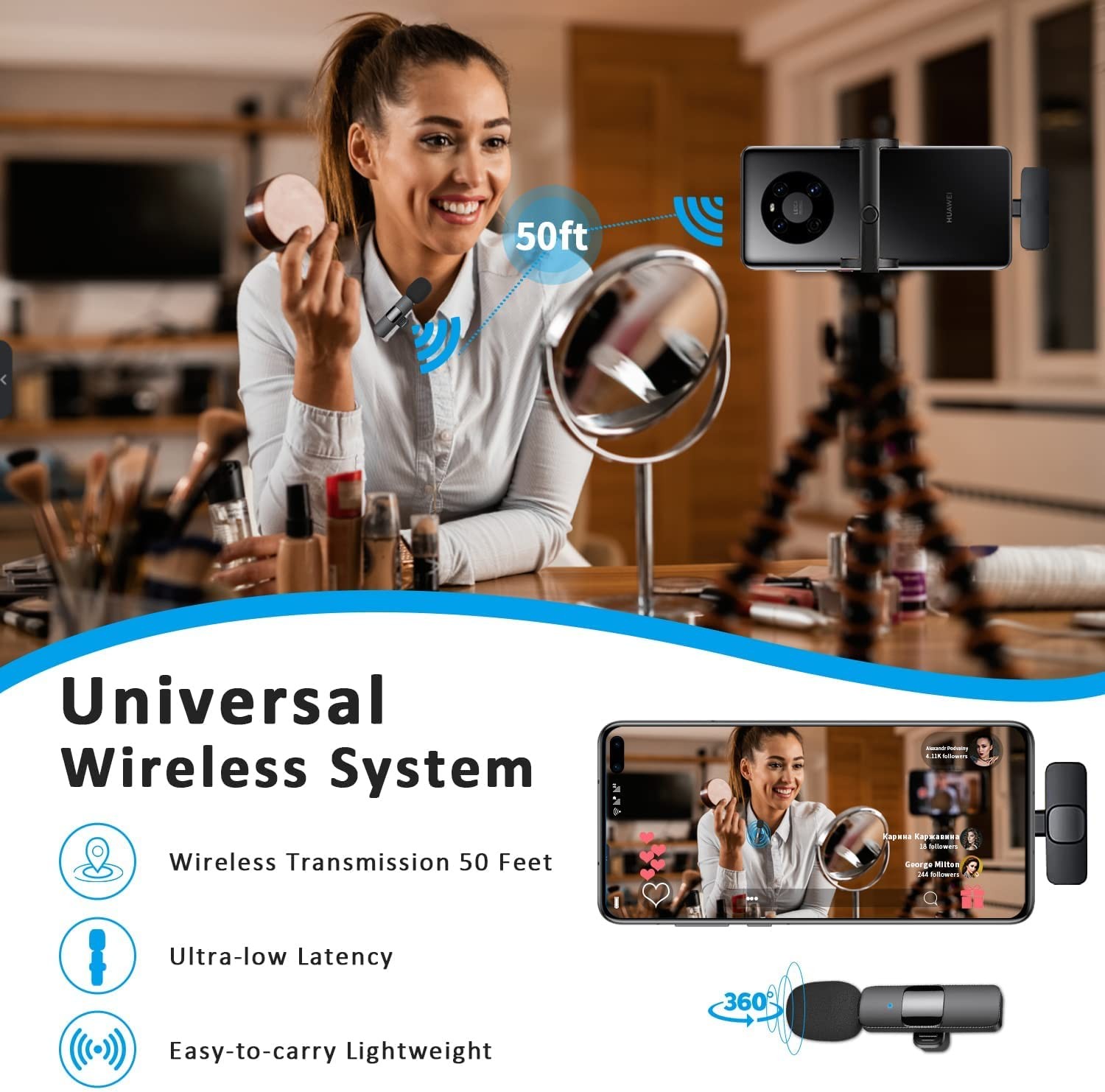 Wireless Lavalier Lapel Microphone for iPhone Android Phone Laptop - Bluetoot...