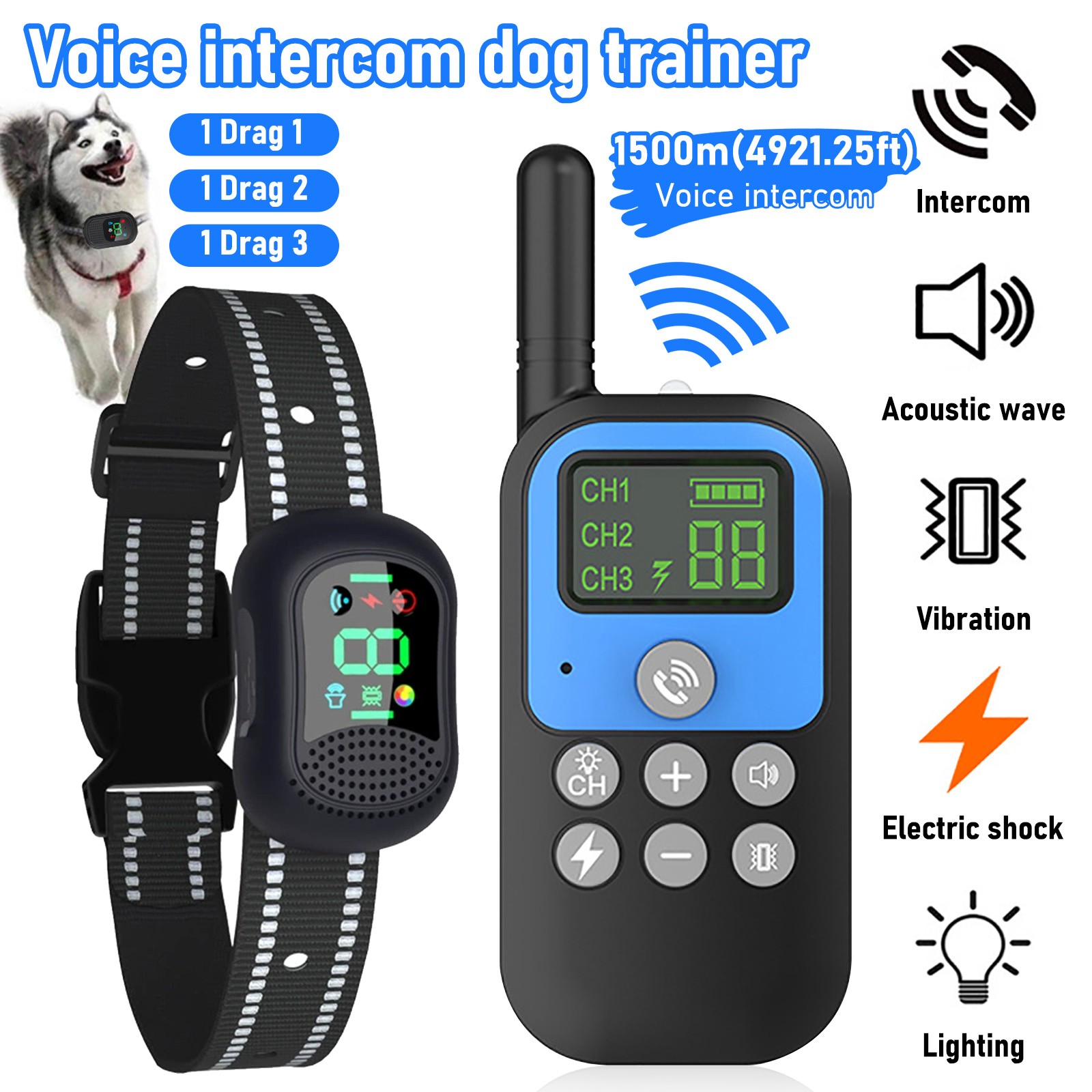 1-3 Dogs Training Collar Adjustable Bark Shock Collar Waterproof Pet Trainer