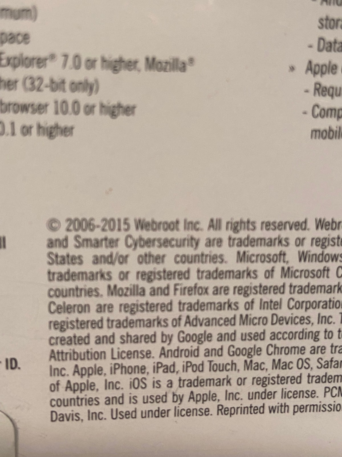 2015 Webroot Internet Security disc Windows, Mac, Android, Ios *Pre-Owned* t2