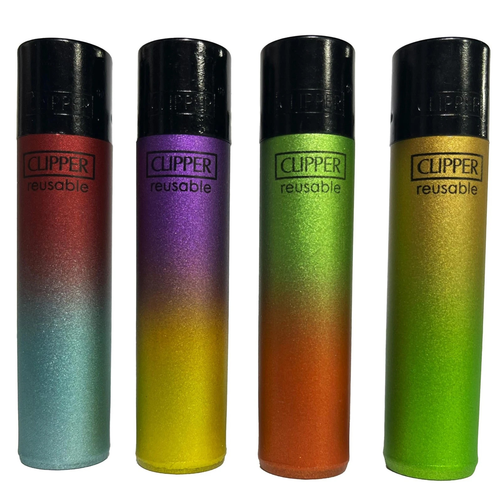 Clipper Lighters - 4 Pack, Pre-Filled. Removable Flints -Metalic Gradient Colors