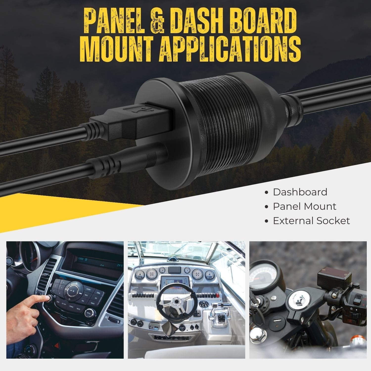 TNP USB RCA Flush Mount Cable - Dashboard Panel Dash 6 ft, Black, Round