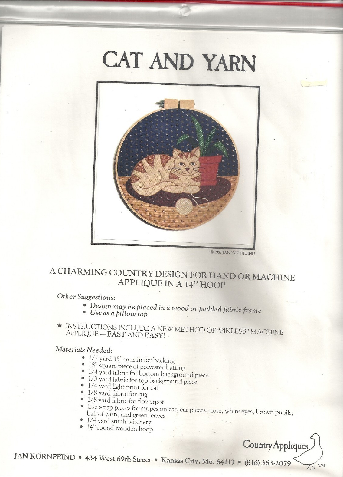 COUNTRY APPLIQUES CAT & YARN BY JAN KORNFEIND SEWING PATTERN ©1982