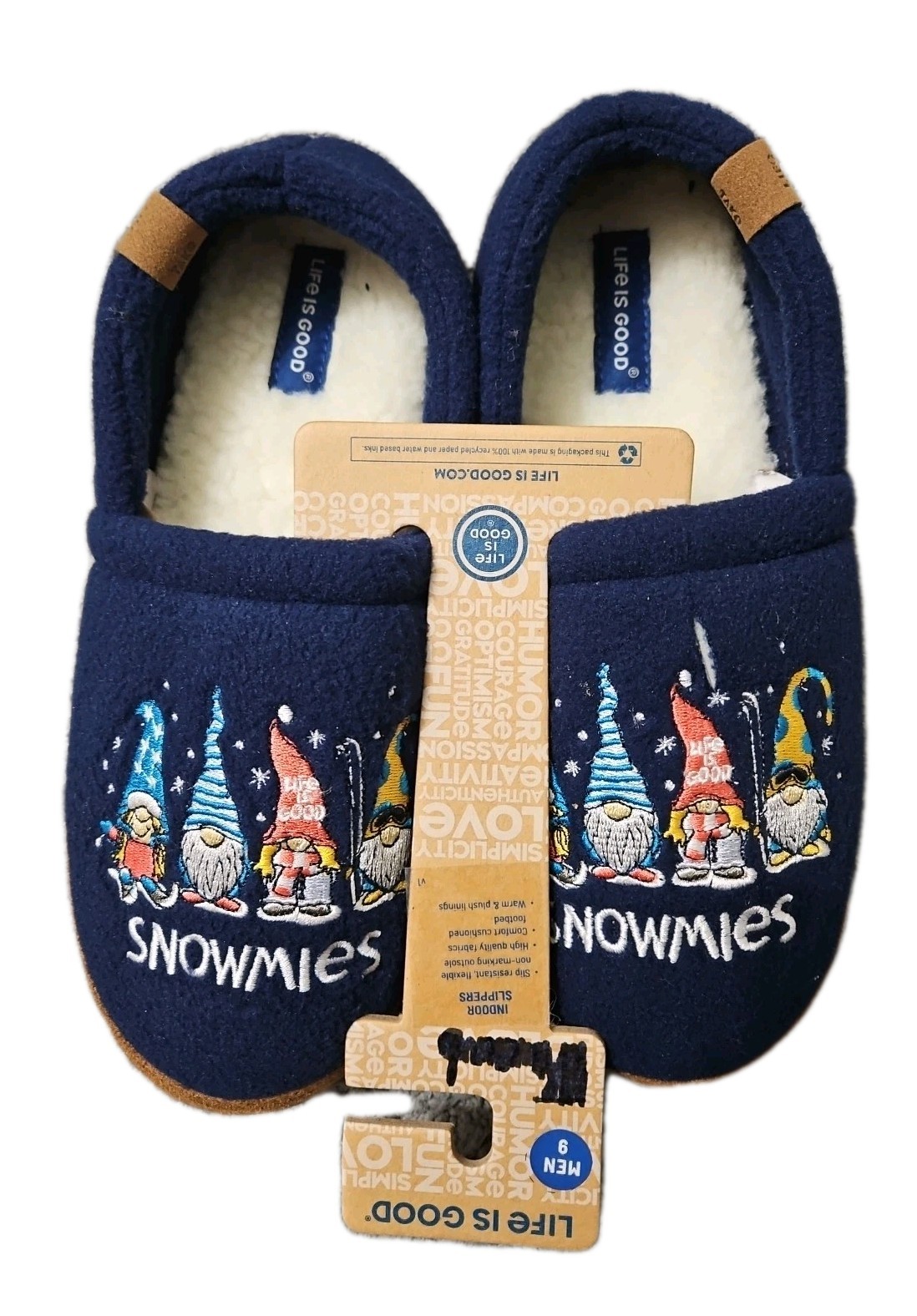 NWT Life Is Good Snowmies Blue Rubber Sole Gnome Embroider Men's Slippers Sz 9